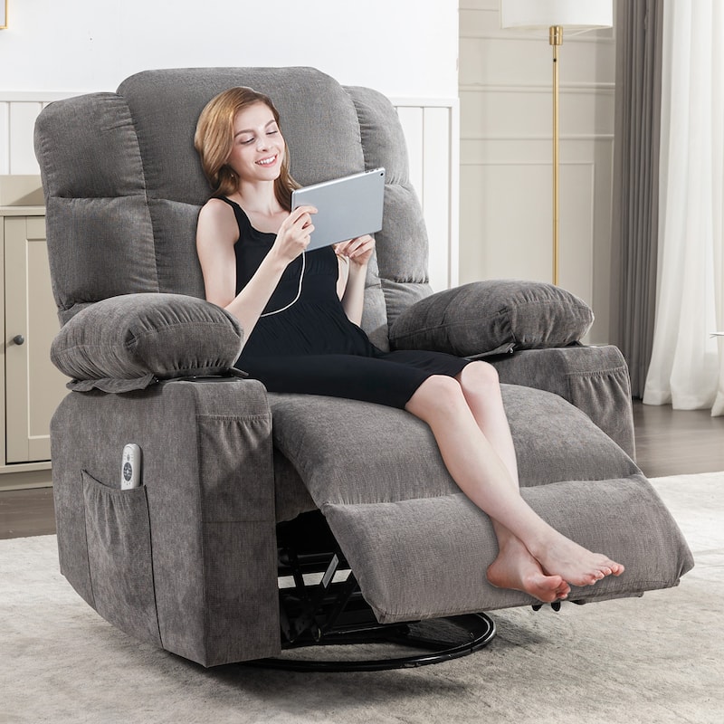 Oversized Linen Manual Rocker Recliner Chair with Massage and Heat, 2 Cup Holders, USB Charge Port