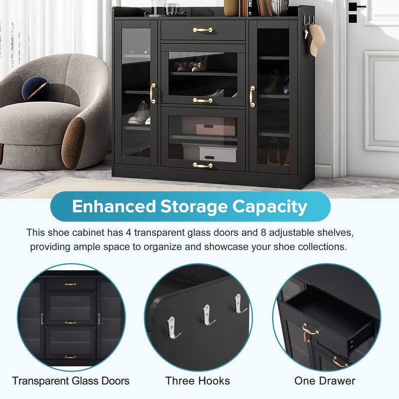 Modern Shoe Cabinet with 4 Glass Doors & 3 Hooks