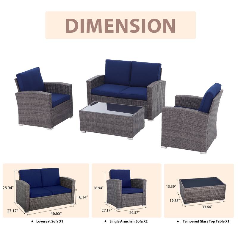 4 Person Patio Rattan Conversation Set with Grey Cushions Outdoor Tempered Glass Table