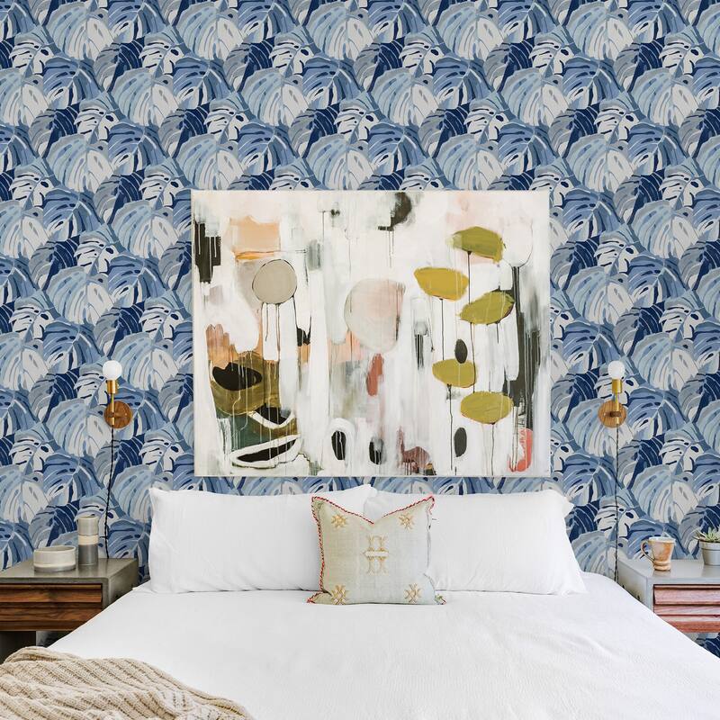 A-Street Prints Samara Blue Monstera Leaf Wallpaper