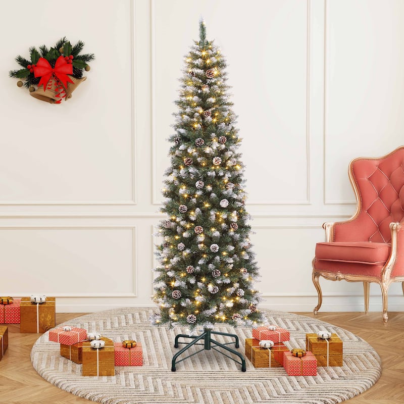 6/7.5 FT Flocked & Frosted Slim Prelit Artificial Hinged Xmas Tree - 6 Foot