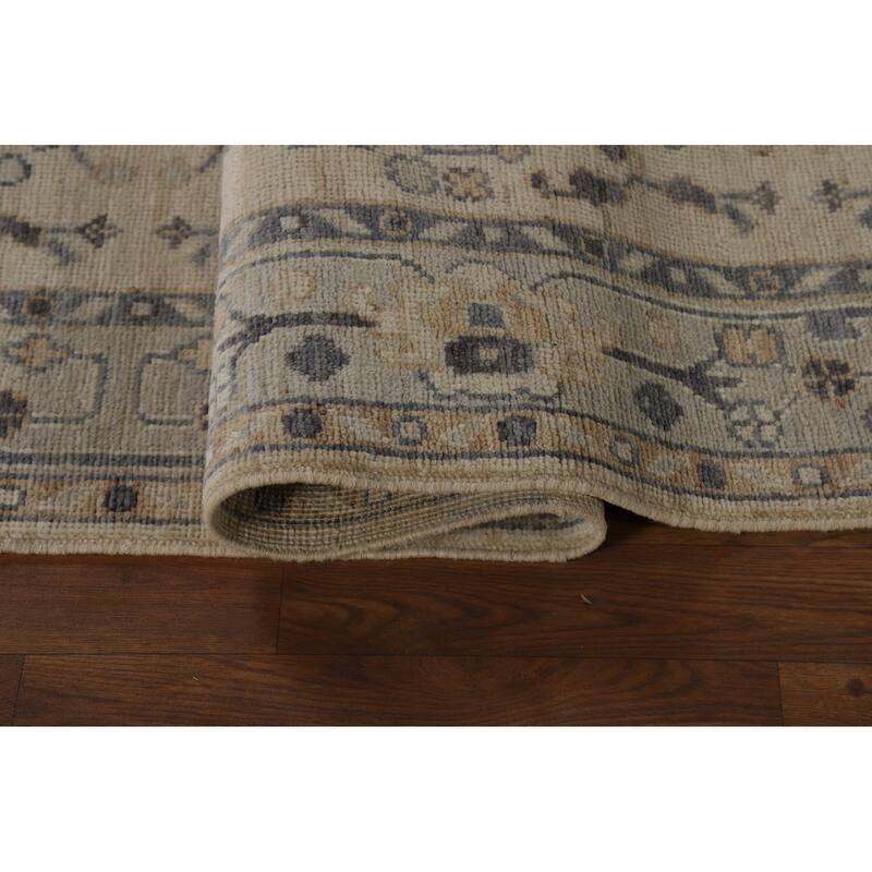 Vegetable Dye Beige Oushak Turkish Runner Rug Hand-Knotted Wool Carpet - 3'2" x 11'10"