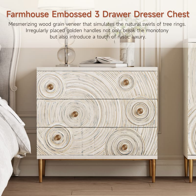 COZAYH Farmhouse Embossed 3 Drawer Dresser with Ring Motif, Distressed Boho Nightstand for Bedroom, Living Room, French Country