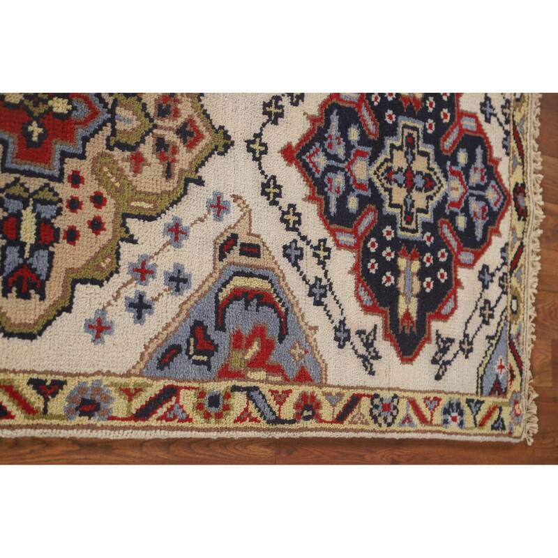 Geometric Beige Kazak Runner Rug Handmade Hallway Wool Carpet - 2'7" x 10'0"