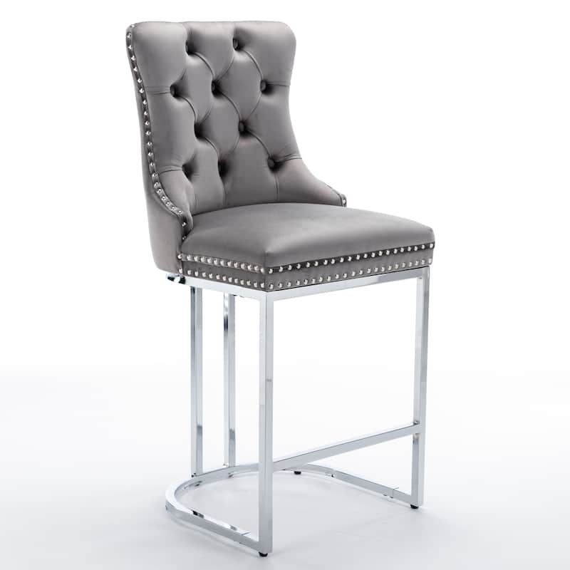 Counter Height Bar Stools Set of 2, Velvet Upholstered Accent Chairs with Button Back, Rivet Trim and Chromed Metal Base Legs