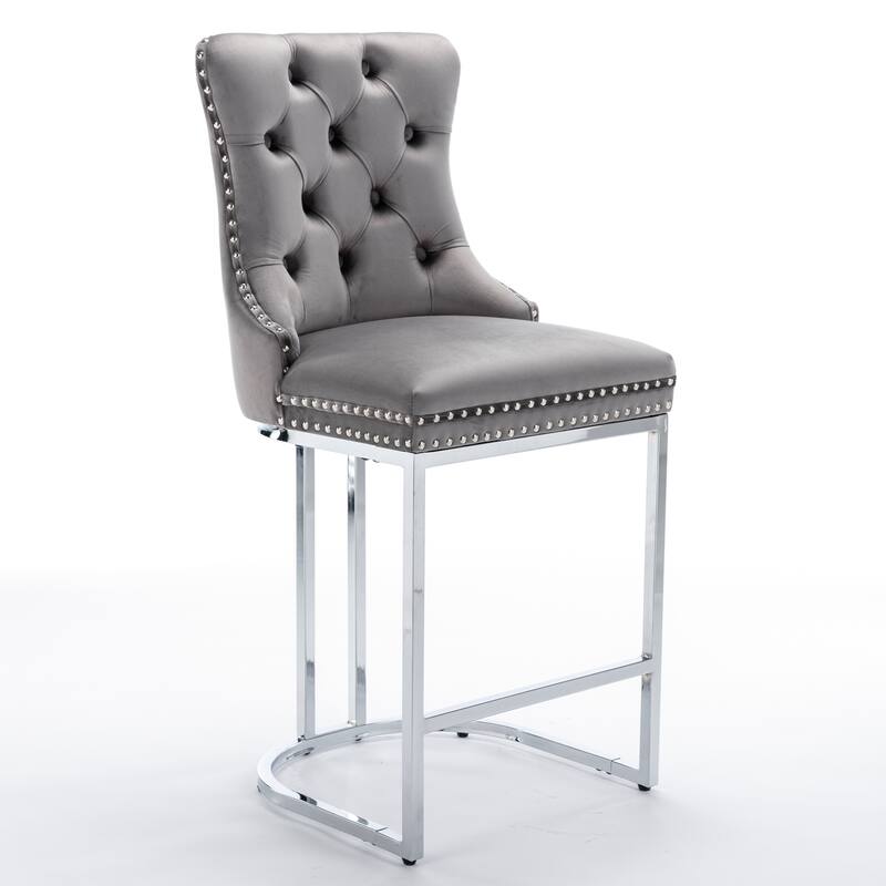 Roomfitters Velvet Counter Height Bar Stools Set of 2, Tufted Upholstered Bar Chairs with Nailhead Trim and Chrome Metal Base
