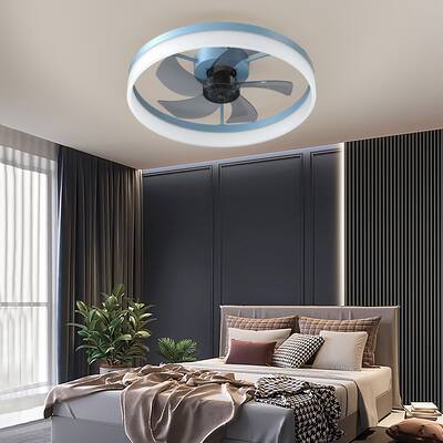 Low Profile Blue Ceiling Fan with Dimmable LED Light, Modern Flush Mount Ceiling Fan Light for Bedroom Living Room, 6 Speeds