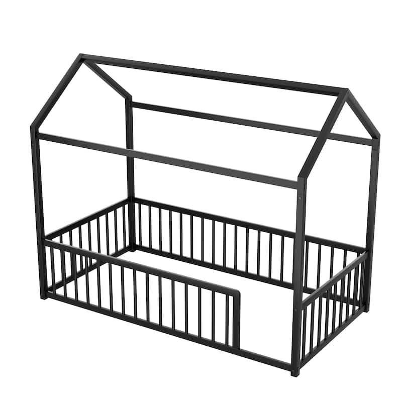 Montessori Style Metal Floor Bed Frame, House Shaped Bed for Kids and Toddlers, No Slats, House Bed