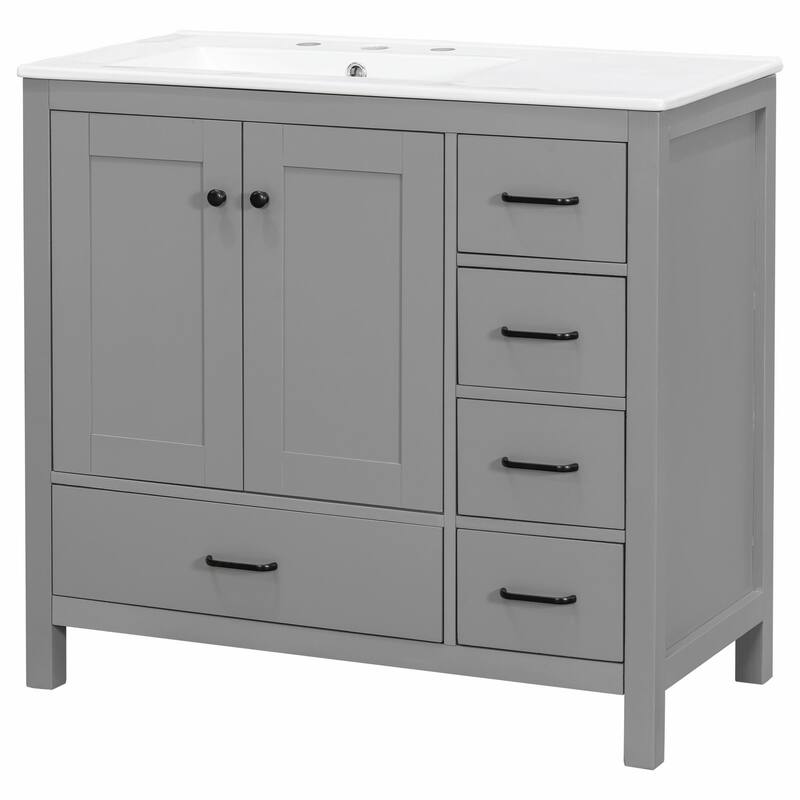 36" White Bathroom Vanity with Ceramic Sink Combo, Ample Storage Cabinet - 2 Soft-Close Doors and 5 Drawers