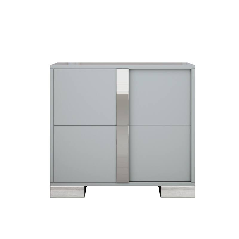 Elegant Mirrored Nightstand with Metal Handle, 2 Drawers - Grey