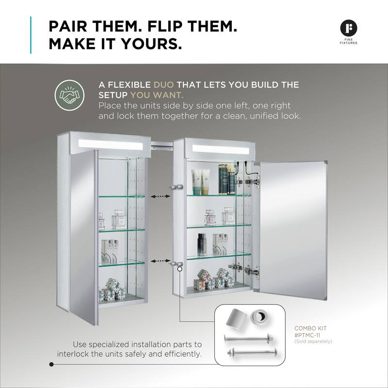 Bathroom Medicine Cabinet, Aluminum, Recessed/Surface Mount, Mirrored Interior w/LED