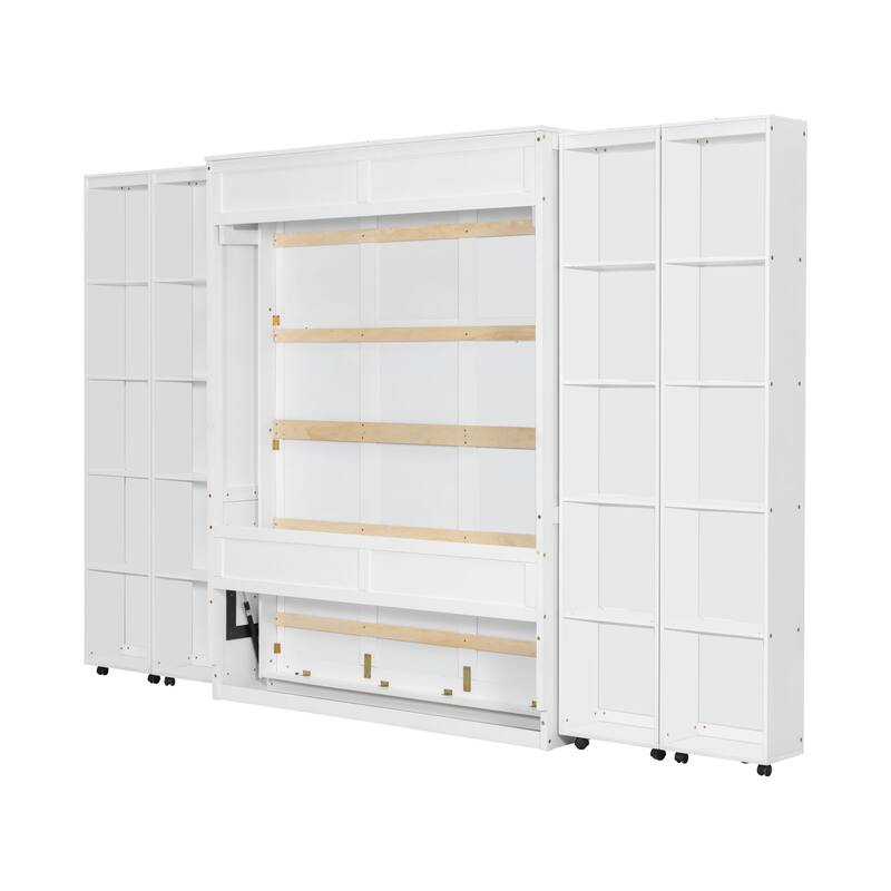 White Queen Murphy Bed with Storage Doors, Space-Saving Wall Bed