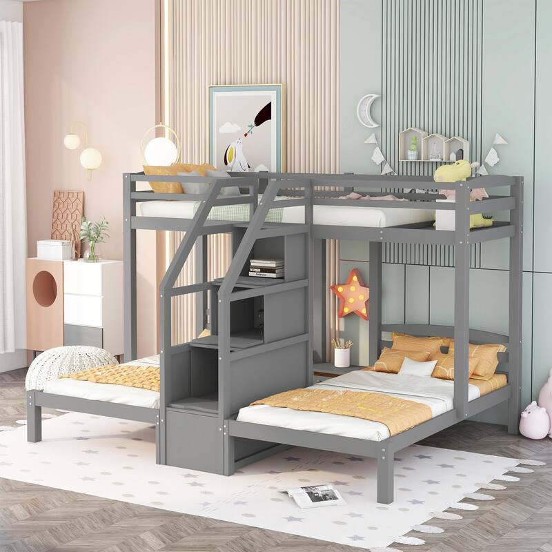 Space-Saving Twin Over Twin & Twin Bunk Bed with Built-in Staircase and Storage Drawer, Gray
