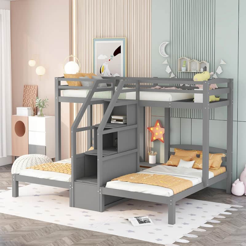 Twin Over Twin Over Twin Bunk Bed for 3 Kids, Pine Wood Triple Bunk Bed Frame with Built-in Staircase and Storage Drawer, Gray
