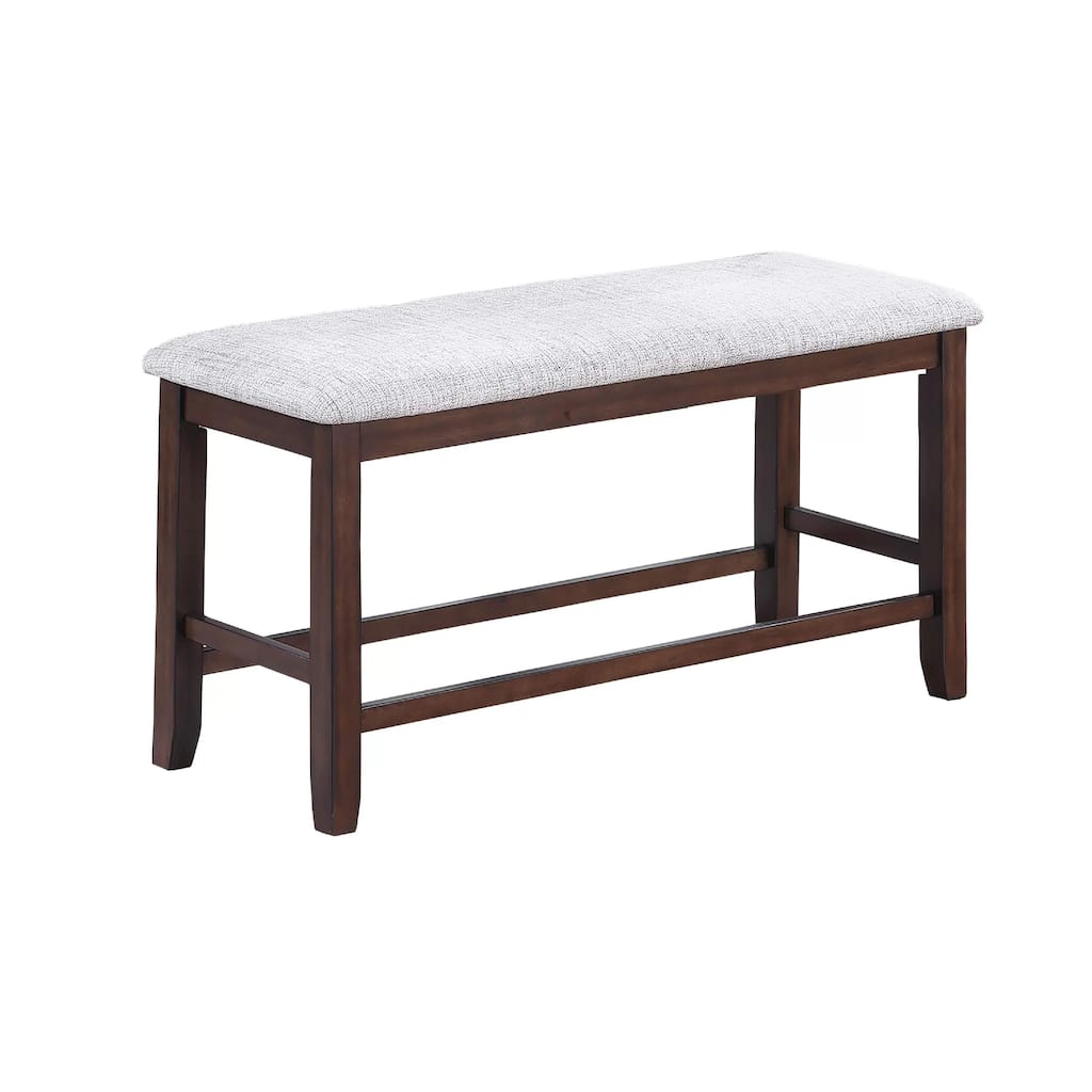Counter Hight Dining Bench, White Fabric, Walnut Brown Wood, 46 Inch Seat