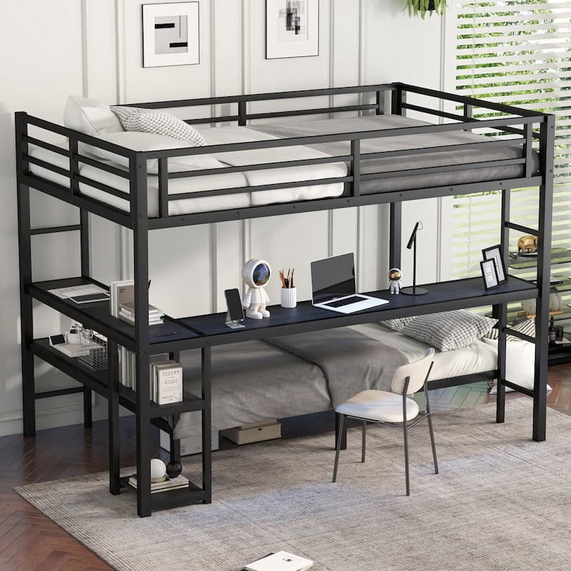 FULL XL Over Twin Bunk Bed with Desk, Shelves, LED Lights & USB, Multi-Placement Design, Black