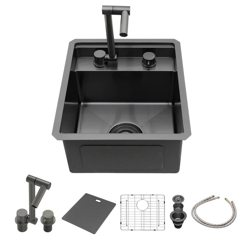 Lordear 17" Stainless Steel Sink Undermount Workstation Single Bowl Bar Sink or Kitchen Sink with Folding Faucet - 15 in.W x 17 in.D x 9 in.H - Gunmetal Black