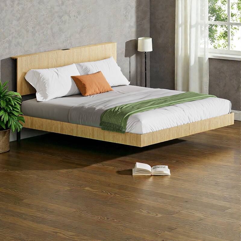 King Floating Bed Frame with LED Lights and Charging Station, Wavy Headboard, No Box Spring Needed