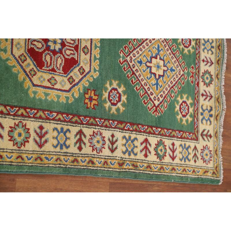 Green Kazak Runner Rug Hand-Knotted Geometric Wool Carpet - 2'7" x 16'2"