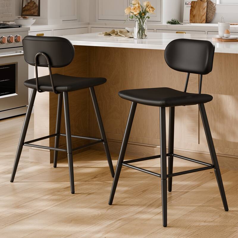 26.75" Leather Counter & Bar Stool with Large Seat and Back - Set of 2 - Black