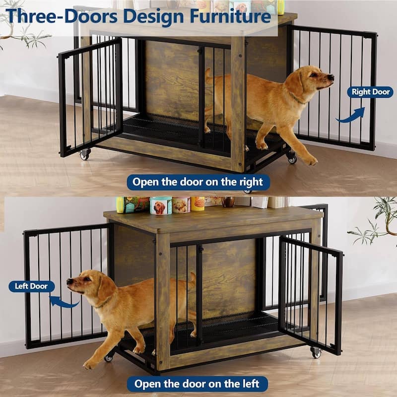 Rustic Dog Crate Furniture, Pet Crate with Wheels & Removable Tray for Small to Medium Dogs
