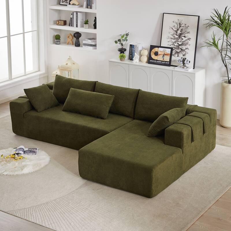 Free Combination Chenille Upholstered L-shaped Sectional Sofa with Loveseat and Single Chaise Living Room Couch Set with Pillows - Green