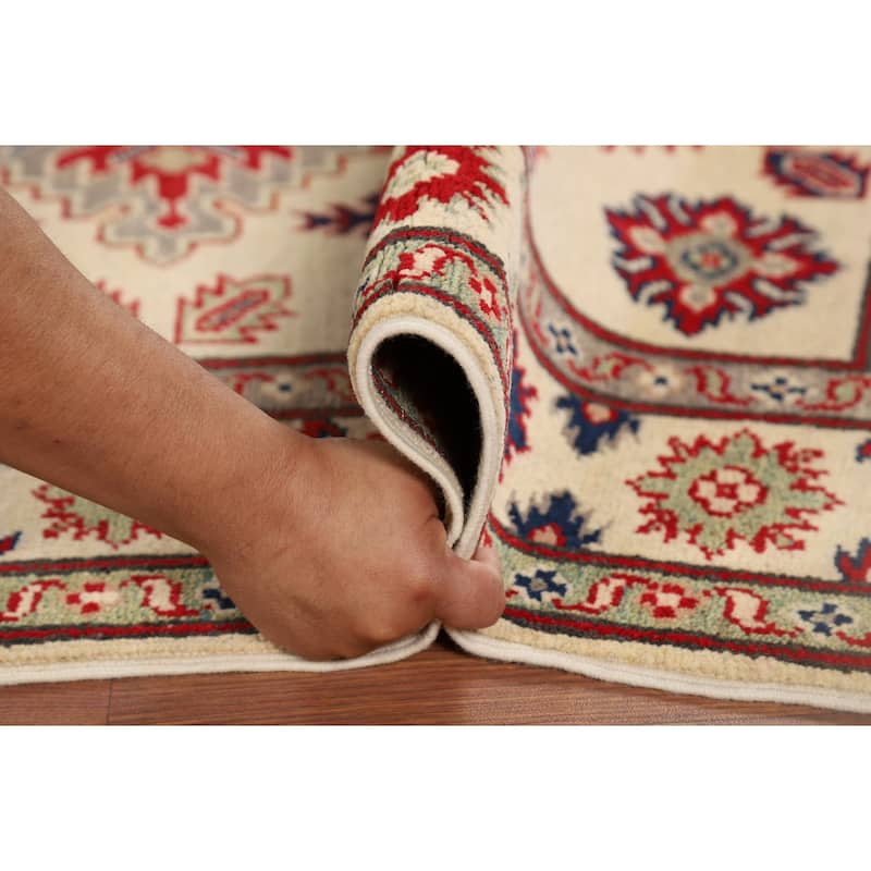 Geometric Ivory Kazak Oriental Accent Rug Handmade Wool Carpet - 3'5" x 4'11"