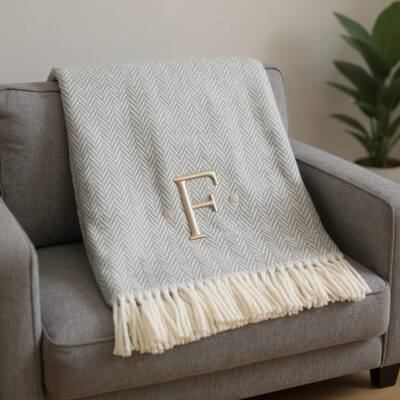 HomeRoots 55" X 70" Gray And White Herringbone Cotton Blend F Initial Throw Blanket with Tassels And Embroidery