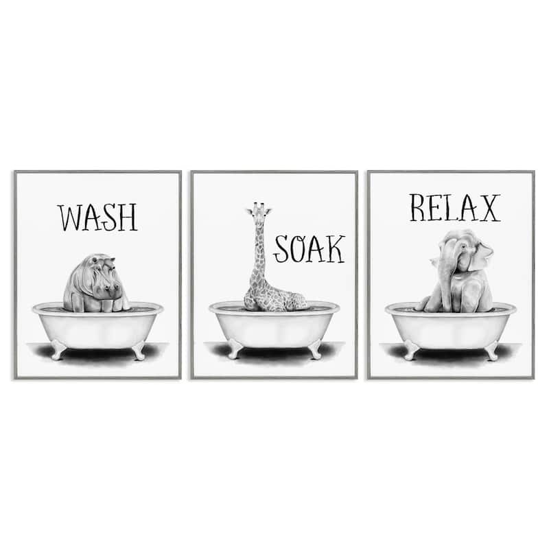 Stupell Wash Soak And Relax Jungle Animal Bath Tub, 3pc Multi Piece Framed Wall Art Set, 3pc Set - 24 x 30 - Grey