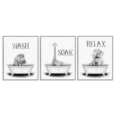 Stupell Wash Soak And Relax Jungle Animal Bath Tub, 3pc Multi Piece Framed Wall Art Set, 3pc Set