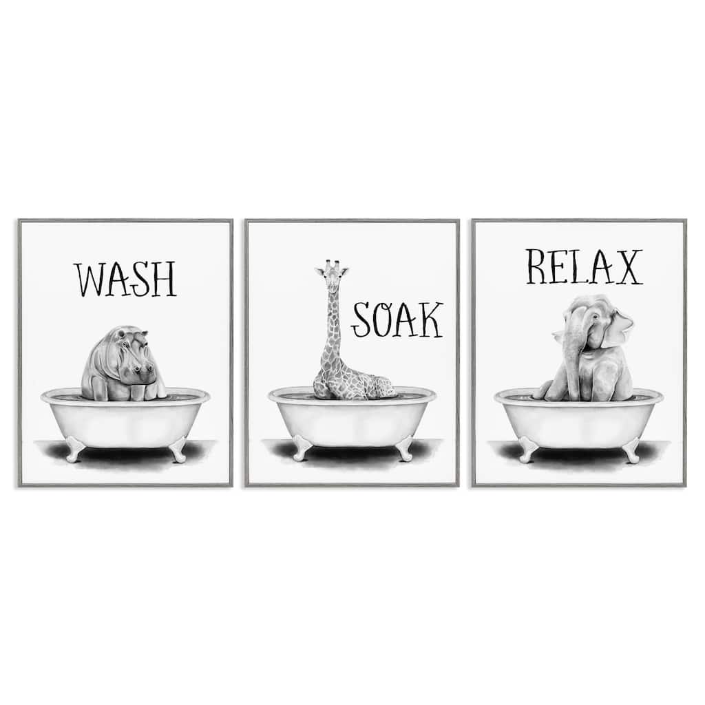 Stupell Wash Soak And Relax Jungle Animal Bath Tub, 3pc Multi Piece Framed Wall Art Set, 3pc Set