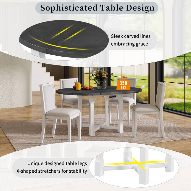5-Piece Extendable Dining Table Set for 4, Round Dining Table for 4 with Upholstered Chairs, Farmhouse Kitchen Table Set