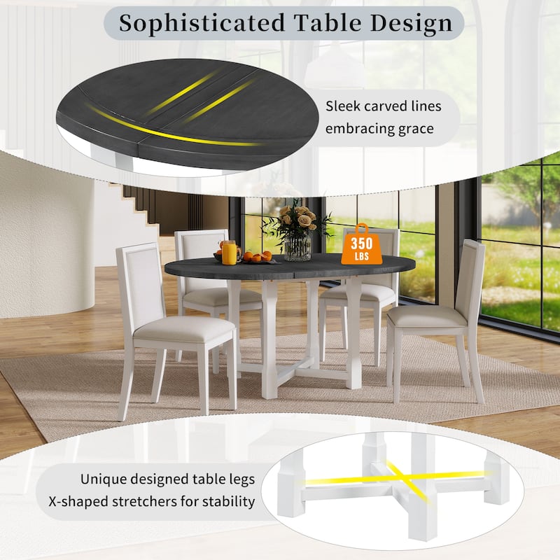 Roomfitters 5-Piece Extendable Round Farmhouse Dining Set with Upholstered Chairs for Kitchen or Dining Room