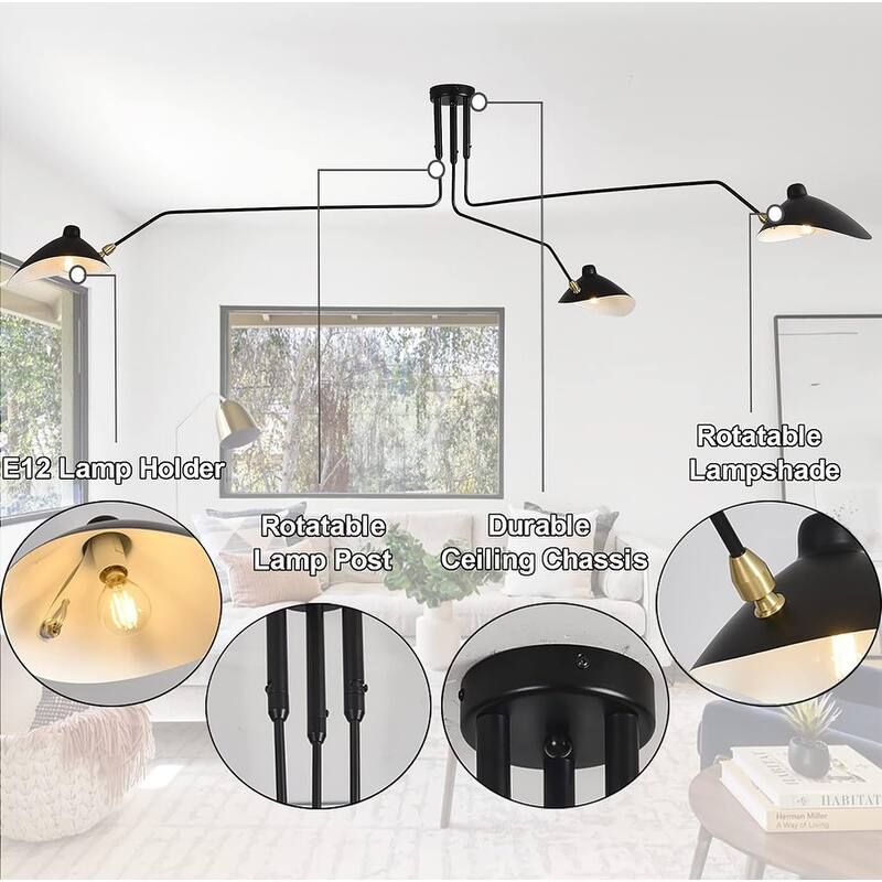 Mid Century Modern 3 Arm Chandelier Black Arm Ceiling Light - 78.74*17.72in