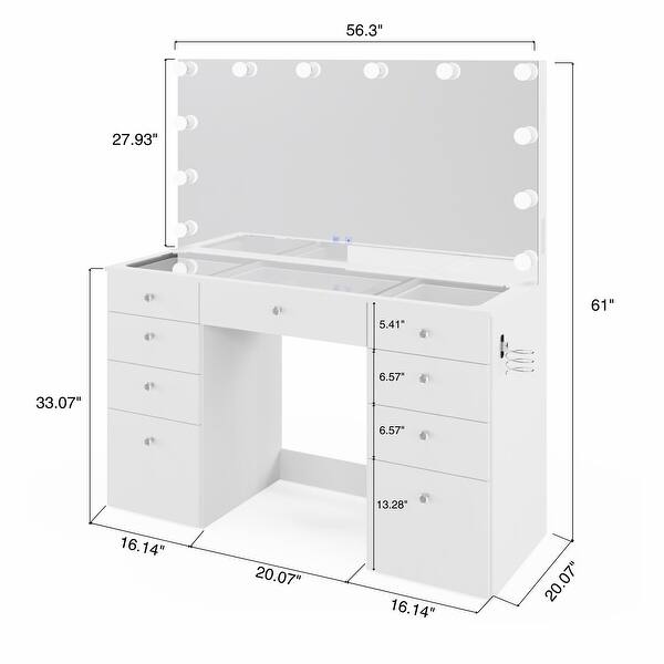 Boahaus Leonore Vanity Desk: Light Bulbs, USB Outlet, 9 Drawers, Glass Top, Hollywood Mirror, White