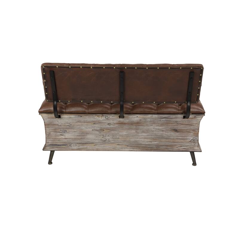 Brown Wood Storage Bench with Tufted Faux Leather Seat and Back