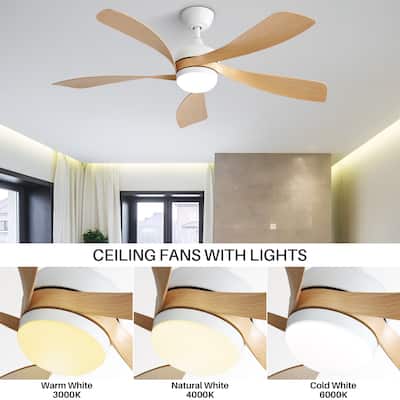 52 Inch Indoor Ceiling Fan with 3 Color Dimmable LED Light, 5 Propeller Blades Smart Ceiling Fan, Reversible DC Motor Fan
