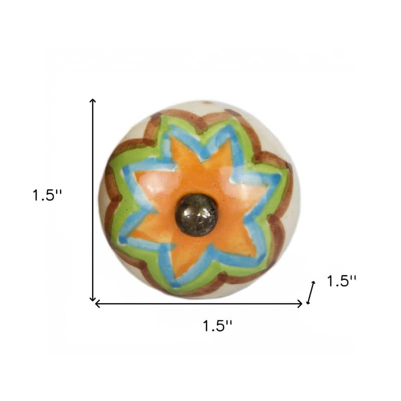 HomeRoots Set of Twelve Green And White Floral Ceramic Drawer Pull Knobs - 1.5" x 1.5" x 1.5"