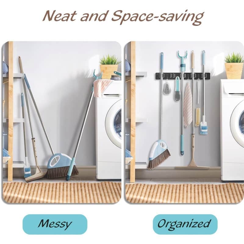 Mop and Broom Holder Wall Mount With 5 Slots & 4 Hooks - 1 Pack
