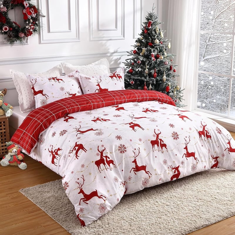 Christmas Soft Reindeer Duvet Cover and Pillow Shams Set, Bedding Set - Queen