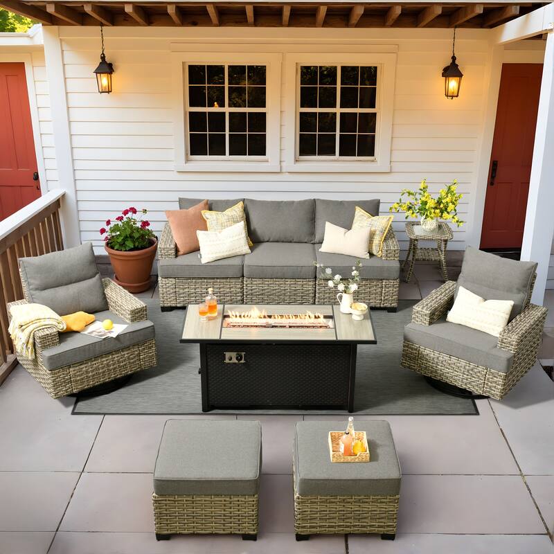 HOOOWOOO 9-piece Outdoor Wicker Furniture Swivel Rocking Chair Set with Fire Pit Table - DarkGrey