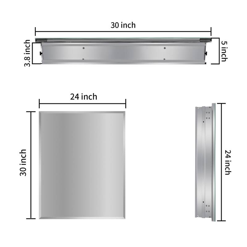 24 in. W x 30 in. H Rectangular Modern Metal Framed Wall Mount or Recessed Bathroom Medicine Cabinet with Mirror