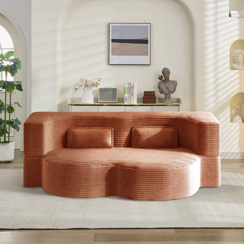 Modern 78.7" Floor Sofa With 2 Pillows For Small Pace Living Room, Convertible Sleeper Sofa Bed - Orange Corduroy