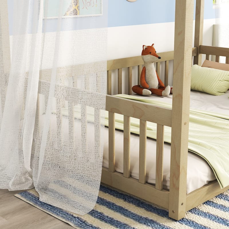 Full Size Canopy Frame Floor Bed with Fence