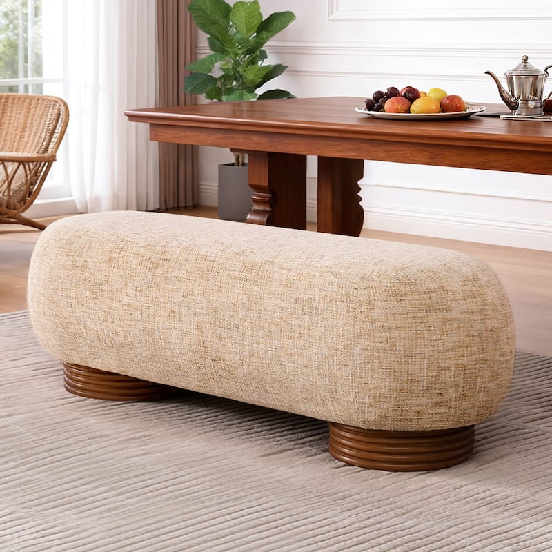 59-Inch Chenille Upholstered Ottoman Bench with Acacia Solid Wood Frame - 59.1"L x 19.1"H x 20.1"D