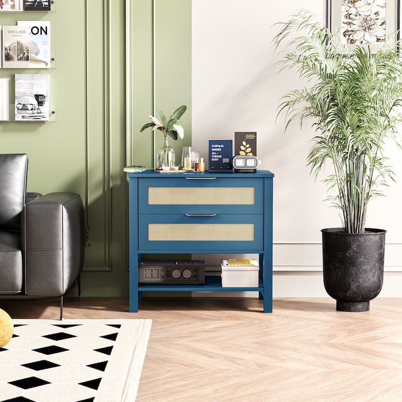 Rattan Nightstand with 2 Drawers and Storage Shelf Boho Bedside Narrow Side Table for Bedroom