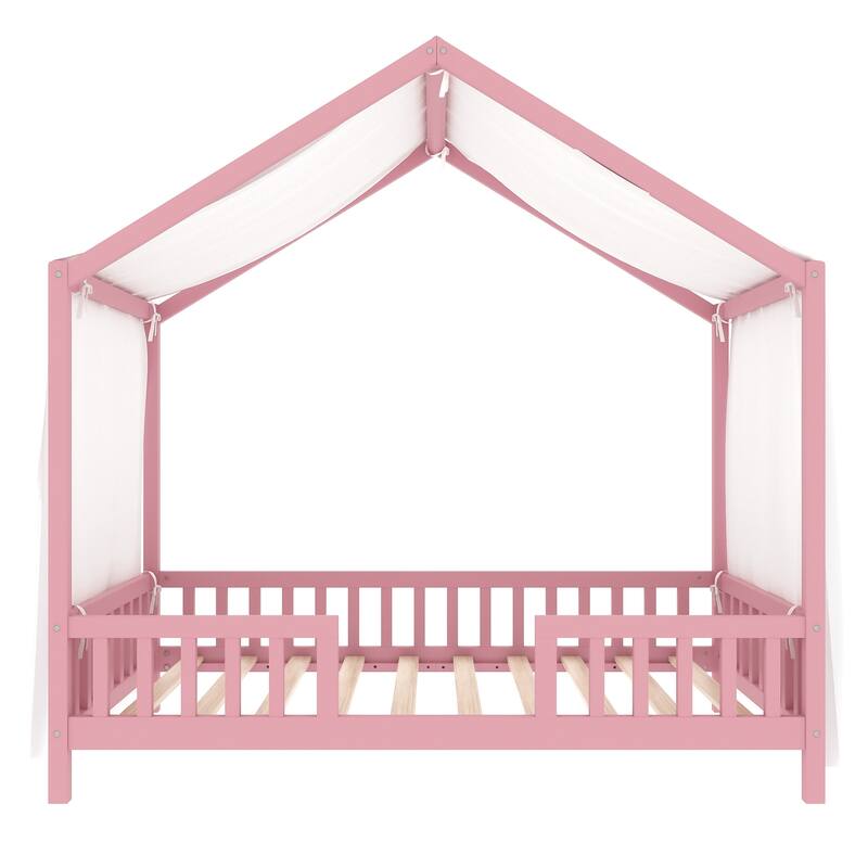 House-Shaped Twin Bed with Canopy and Railings for Kids, Pink Wooden Toddler Bed Frame
