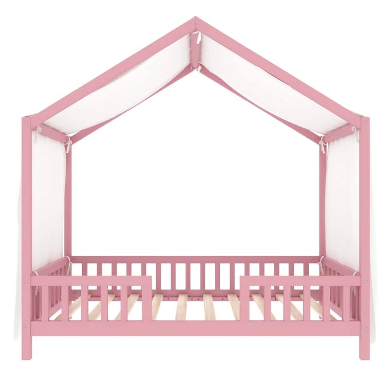 Montessori Bed, House-shape Frame Platform Bed for Kids Toddler, Wood House Daybed with High Railings and Roof, Canopy Bed Frame