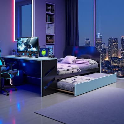 Full Size Daybed with Pull-Out Twin Trundle, Built-In Desk, USB Charging by Harper&Bright Designs