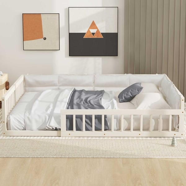 slide 2 of 20, Solid Wood Full Size Floor Platform Bed with Upholstered Guardrail Beige - Full